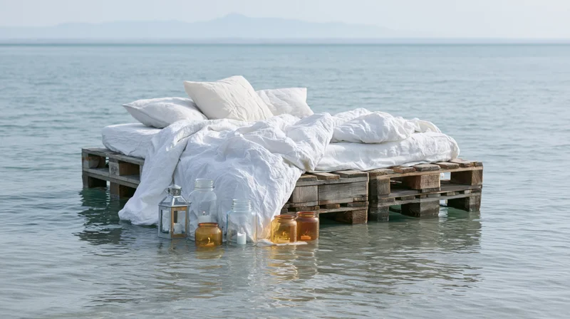 Floating pallet bed with white linen and candles in calm ocean water