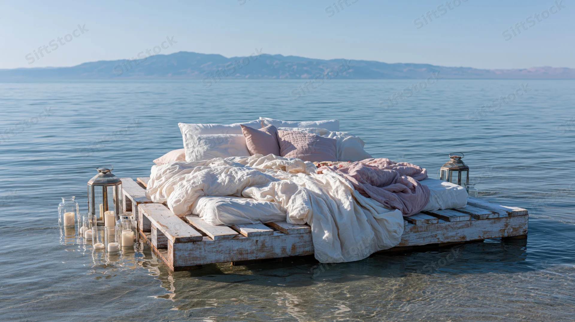 Rustic wooden pallet bed with white linen bedding floating on calm water near mountains