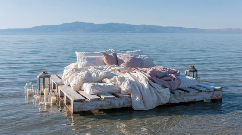 Rustic wooden pallet bed with white linen bedding floating on calm water near mountains