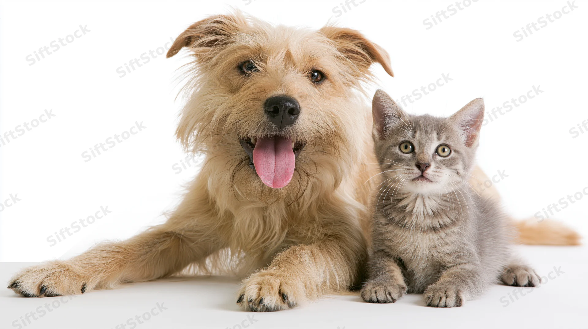 Scruffy tan mixed-breed dog with tongue out lying beside gray kitten on white background