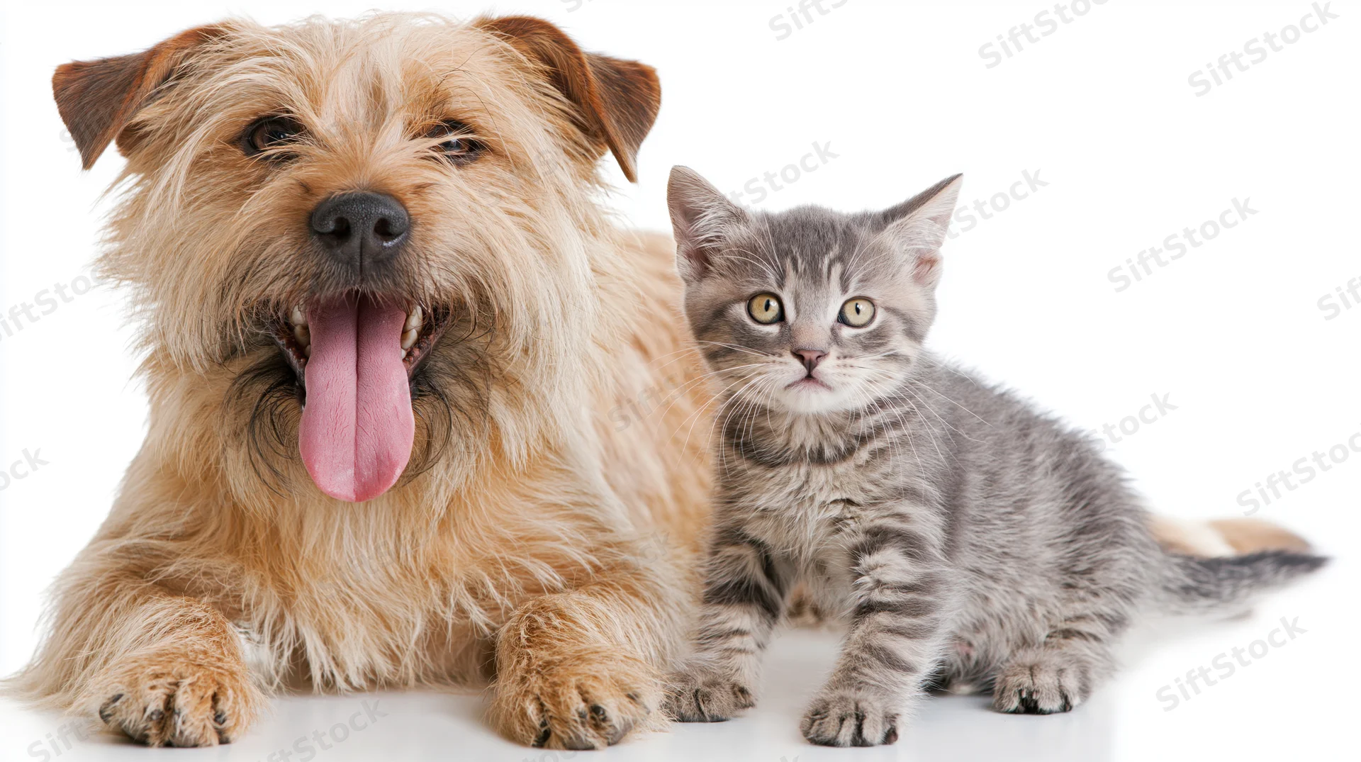 Scruffy tan mixed-breed dog lying with tongue out beside gray tabby kitten on white background