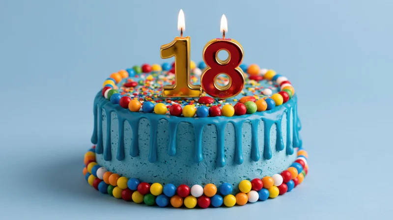 Blue frosted birthday cake with lit number 18 candles and colorful sprinkles on a plain background