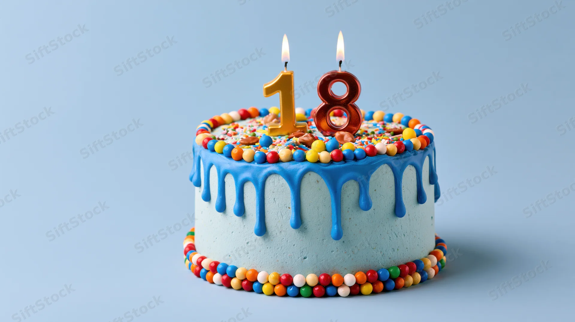 Blue-frosted birthday cake with number 18 candles and colorful sprinkles on light blue background