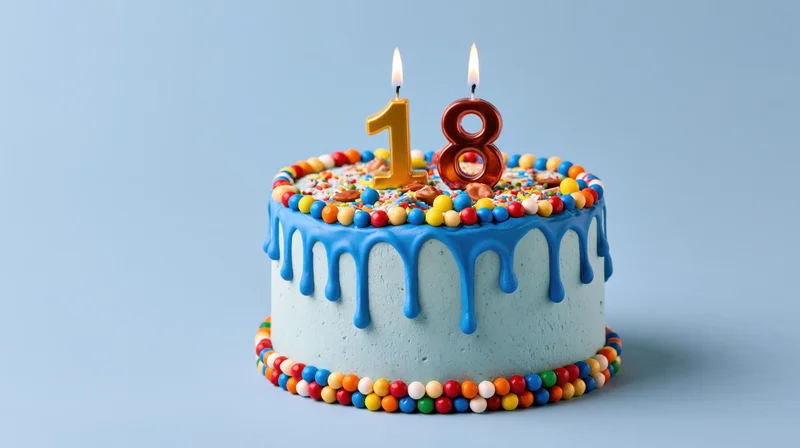 Blue-frosted birthday cake with number 18 candles and colorful sprinkles on light blue background