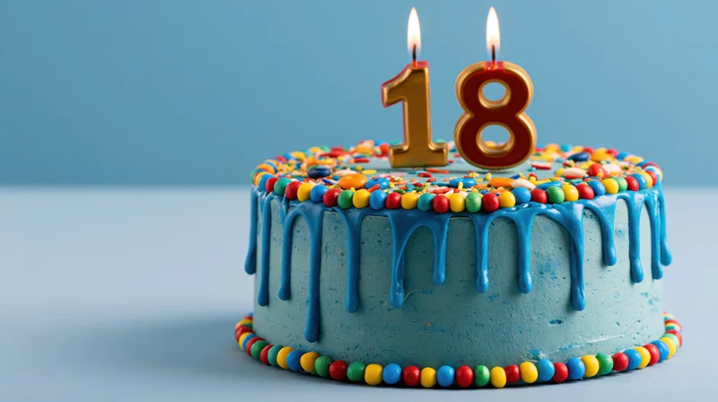 Blue frosted birthday cake with number 18 candles and colorful sprinkles on a plain surface