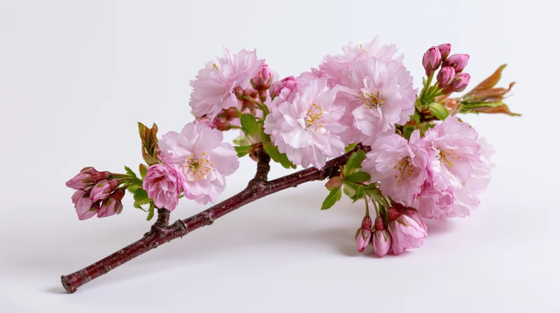 Cherry blossom branch with pink flowers and buds on white background