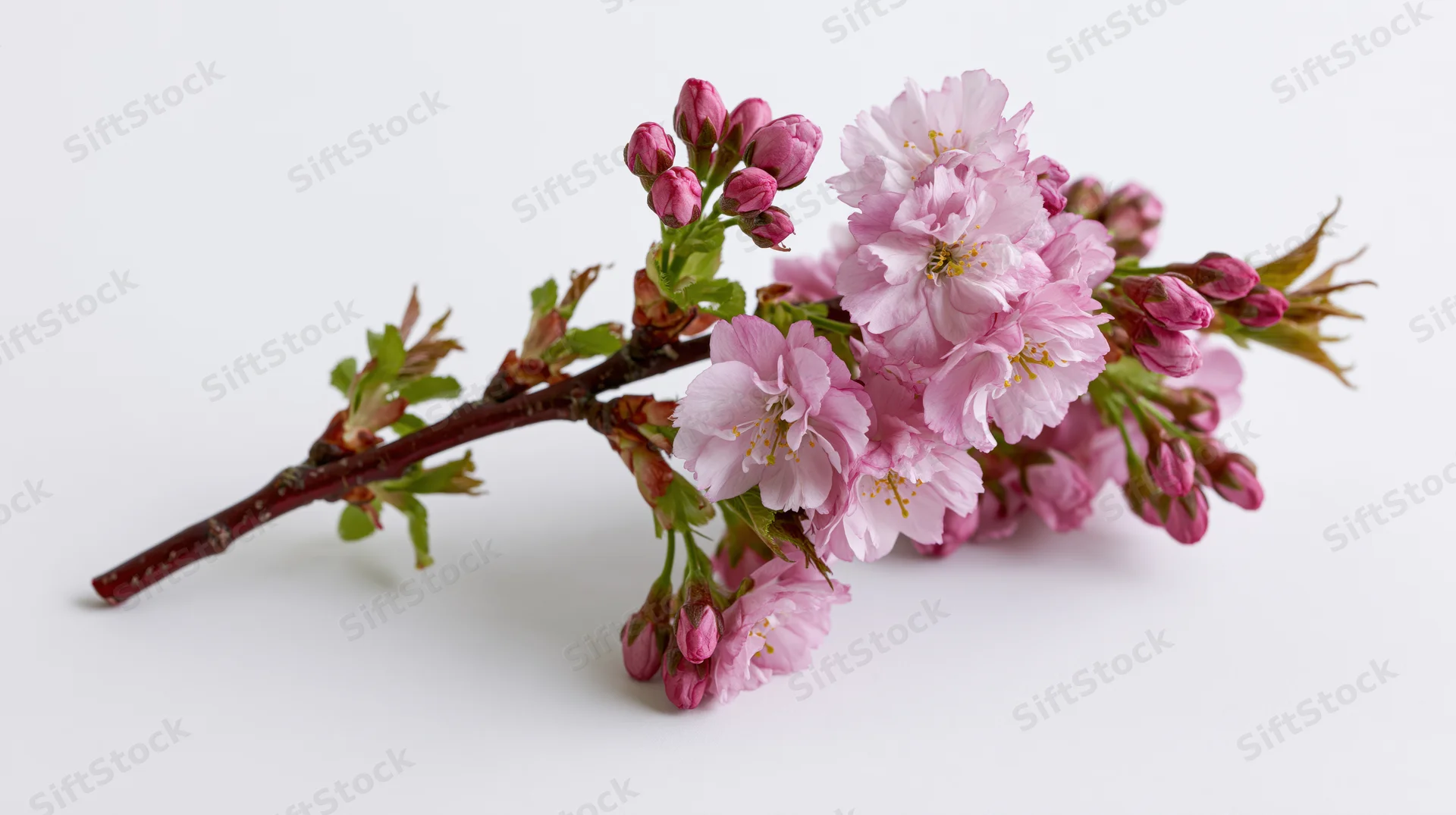 Cherry blossom branch with open pink flowers and buds on white background