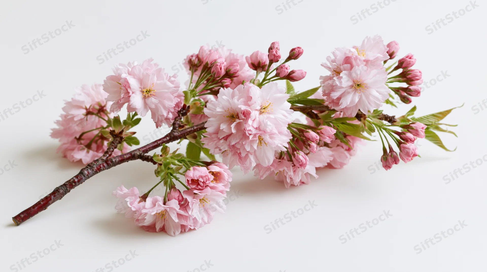 Cherry blossom branch with pink flowers and buds on white background