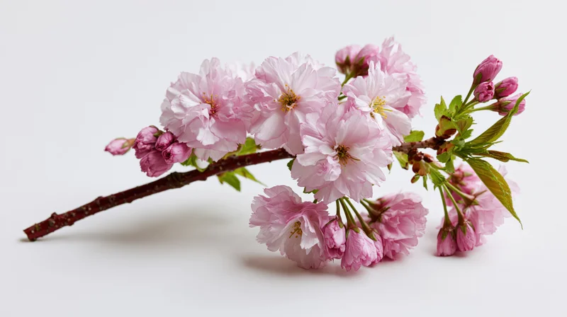 Cherry blossom branch with pink blooms and green leaves on white background