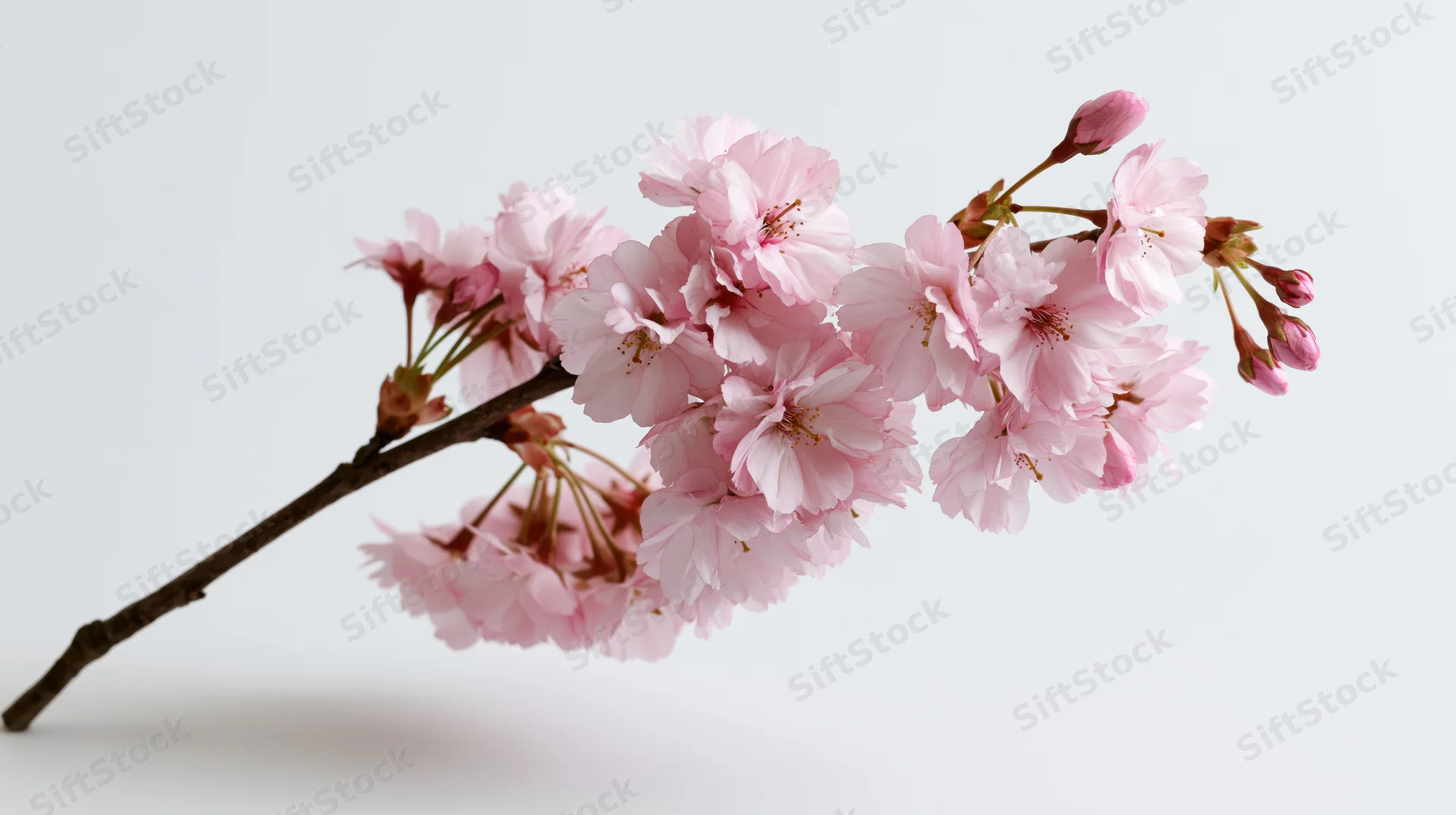 Cherry blossom branch with soft pink blooms on white background