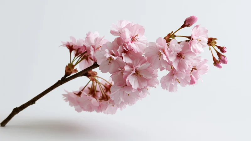 Cherry blossom branch with soft pink blooms on white background