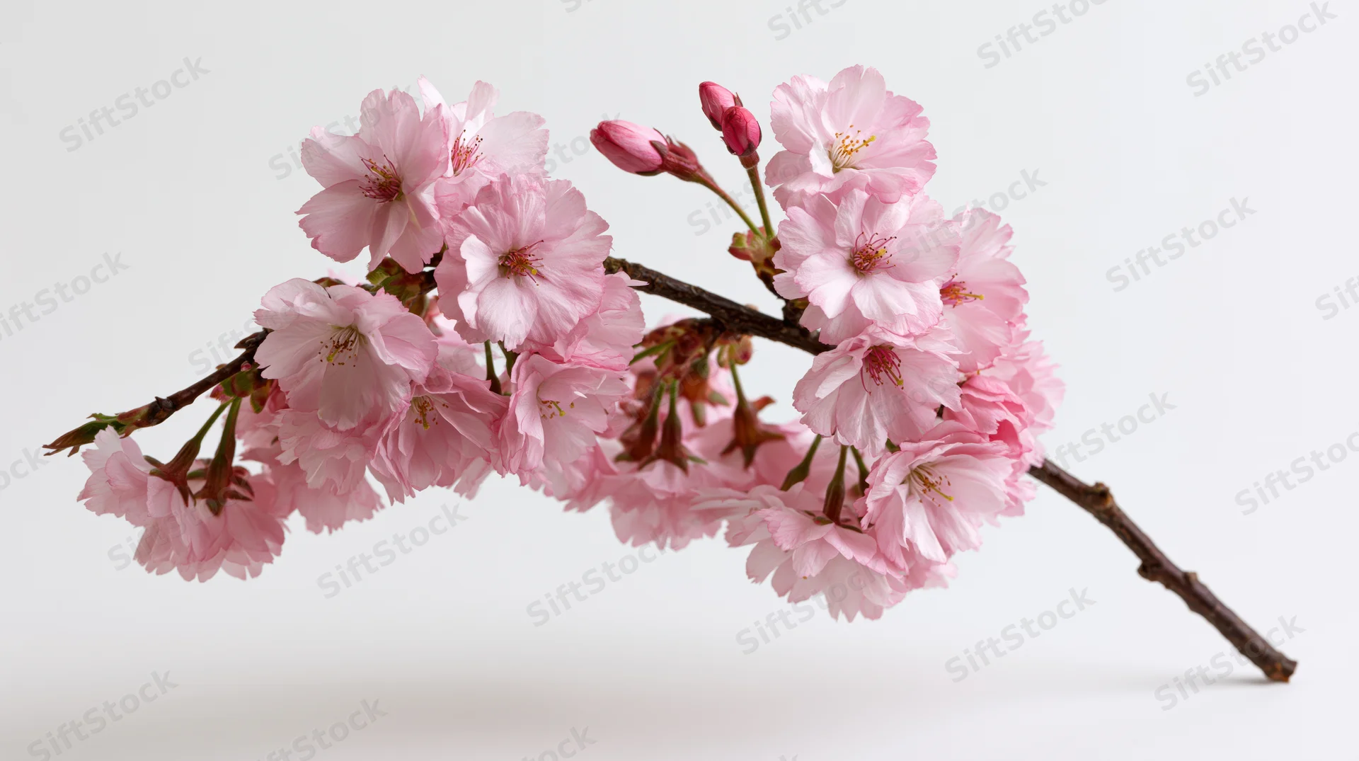 Cherry blossom branch with clusters of soft pink flowers against a white background