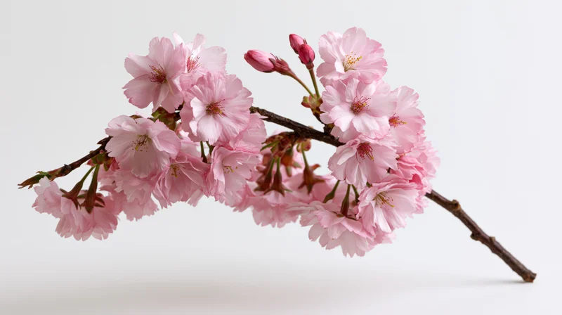Cherry blossom branch with clusters of soft pink flowers against a white background