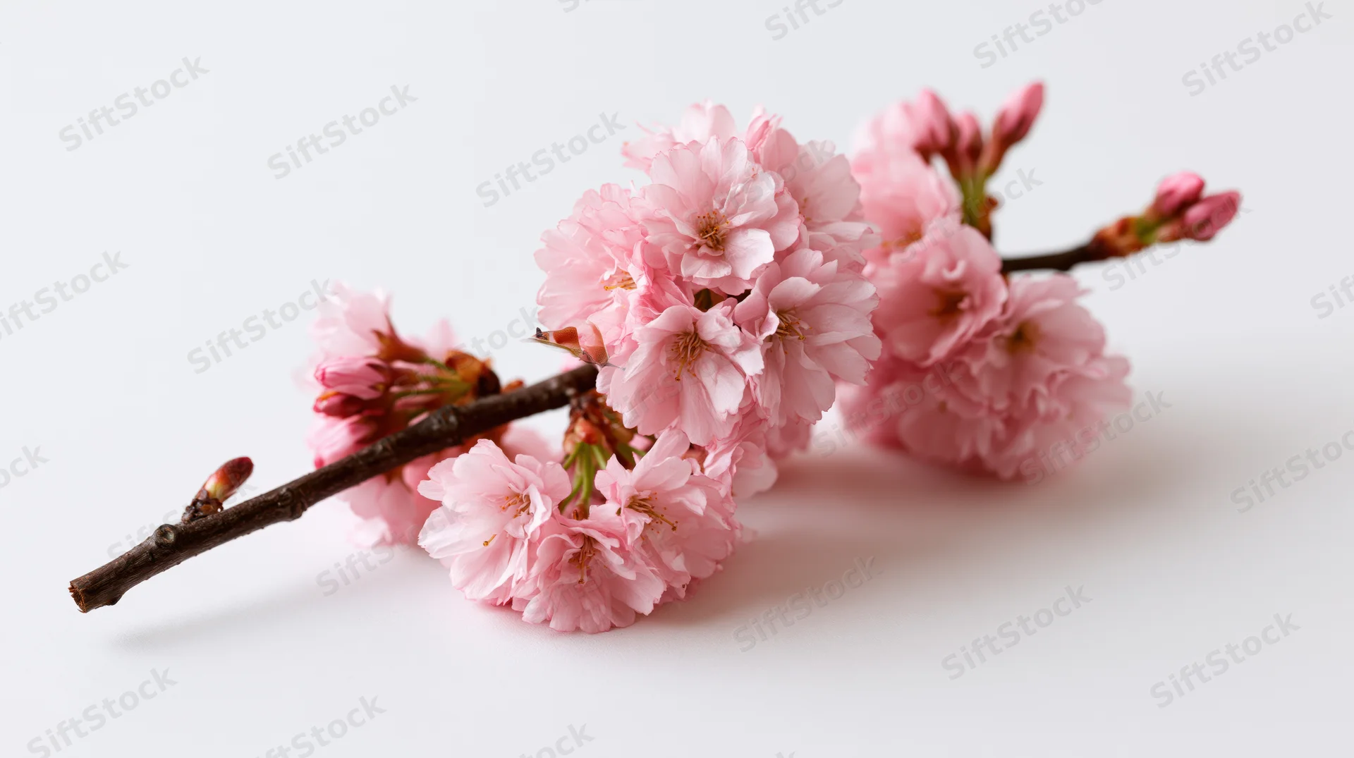 Cherry blossom branch with soft pink flowers blooming on white background