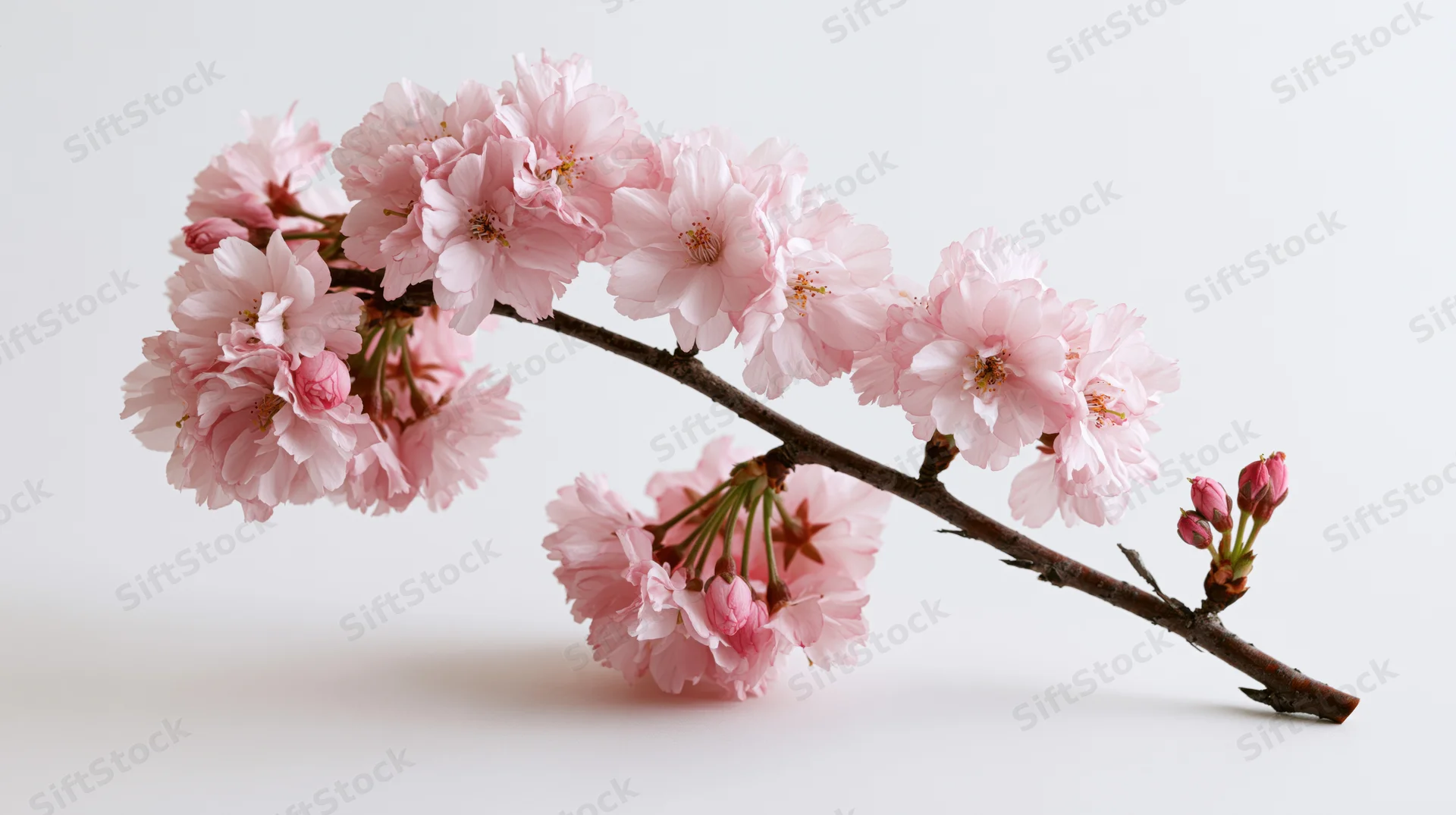 Cherry blossom branch with soft pink blooms arranged on a white surface