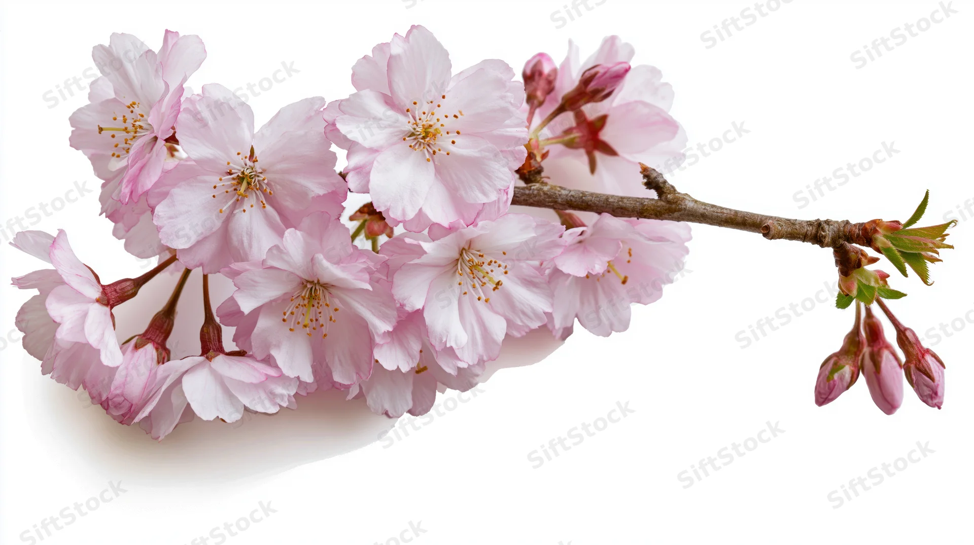 Cherry blossom branch with soft pink blooms and small buds on white background