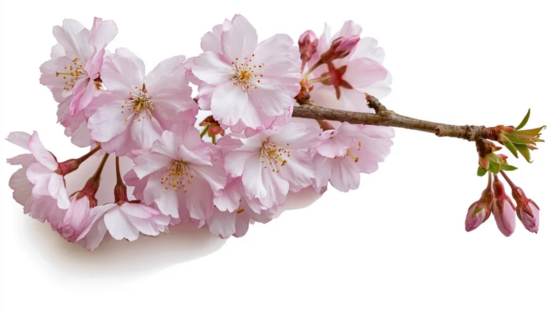 Cherry blossom branch with soft pink blooms and small buds on white background