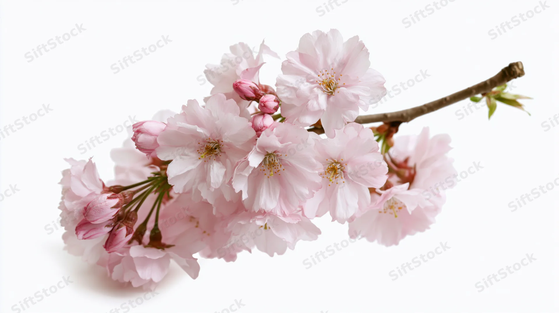 Cherry blossom branch with soft pink blooms isolated on white background