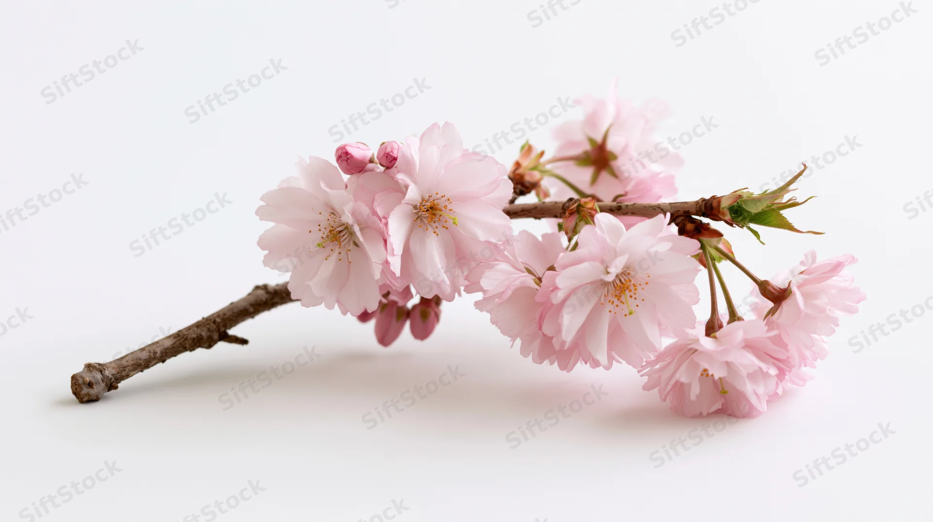 Cherry blossom branch with soft pink blooms and small green leaves on white background