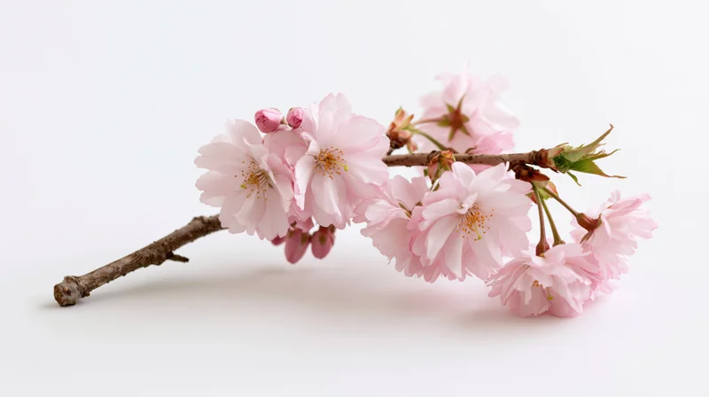 Cherry blossom branch with soft pink blooms and small green leaves on white background