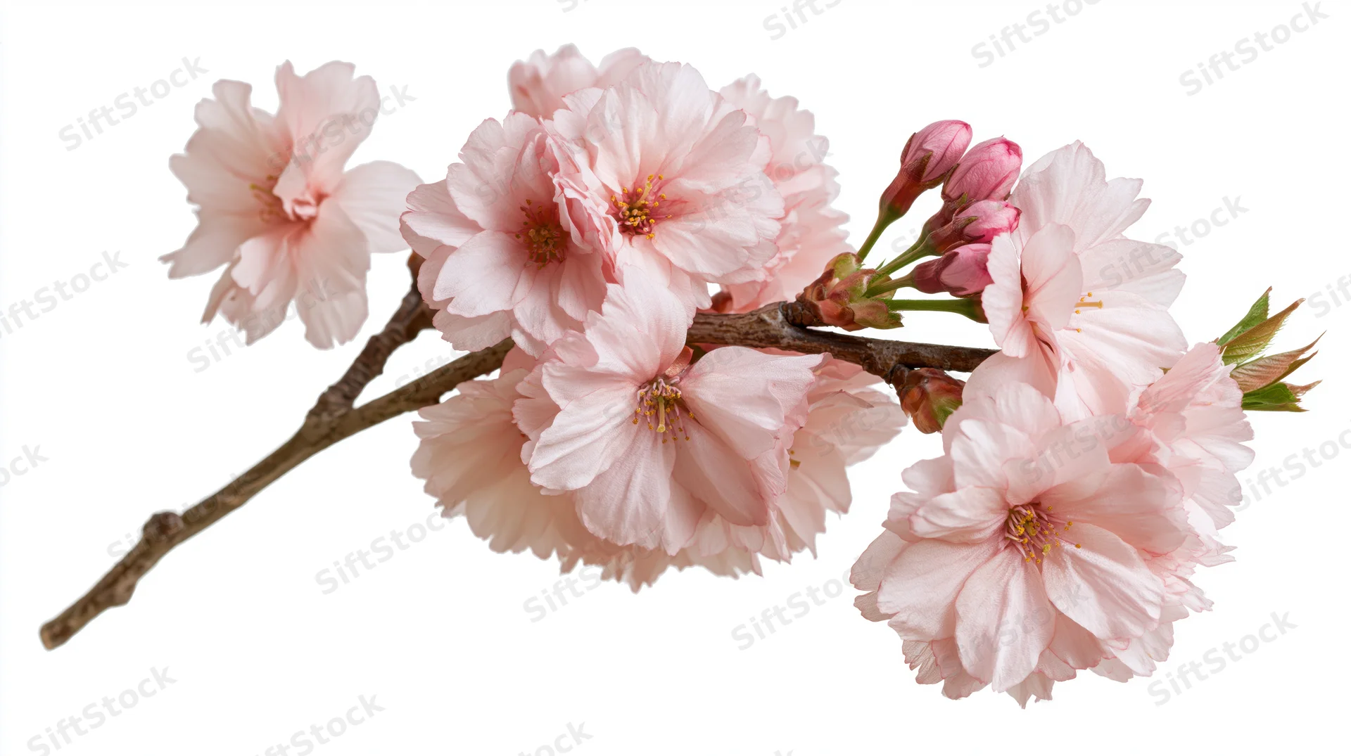 Cherry blossom branch with soft pink blooms and buds isolated on white background