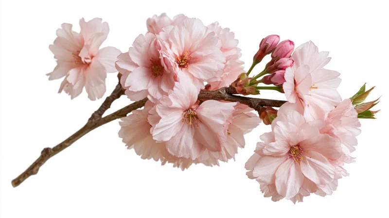 Cherry blossom branch with soft pink blooms and buds isolated on white background