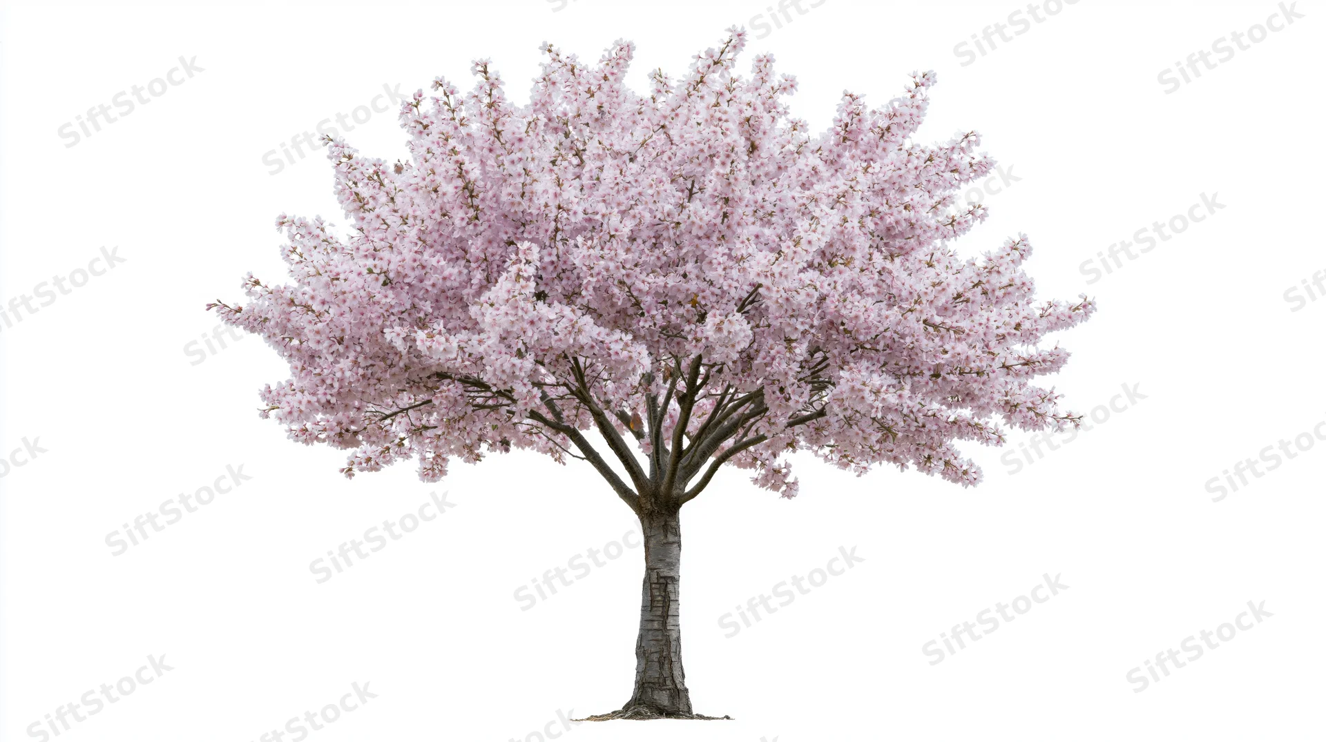 Cherry blossom tree in full bloom isolated against white background