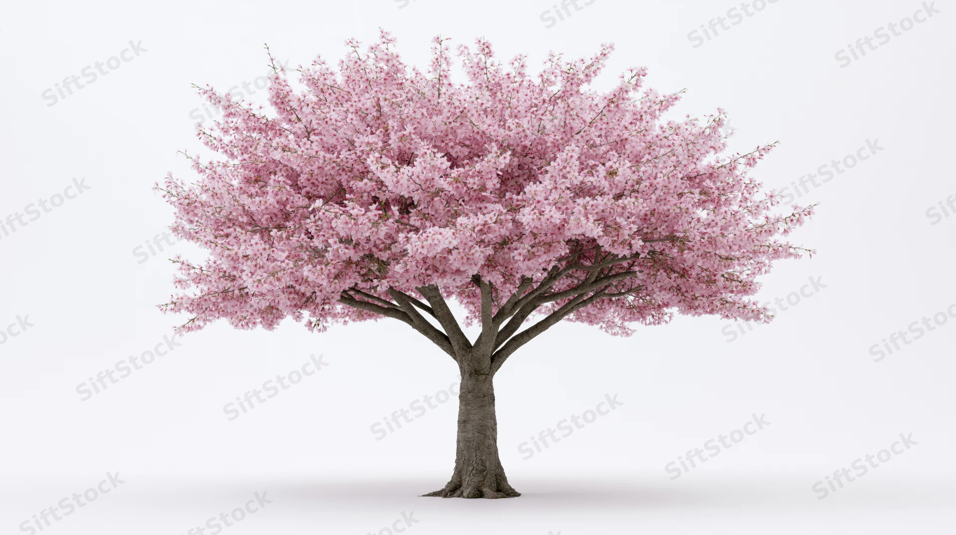 Cherry blossom tree in full bloom isolated against white background