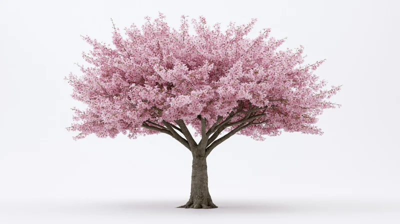 Cherry blossom tree in full bloom isolated against white background