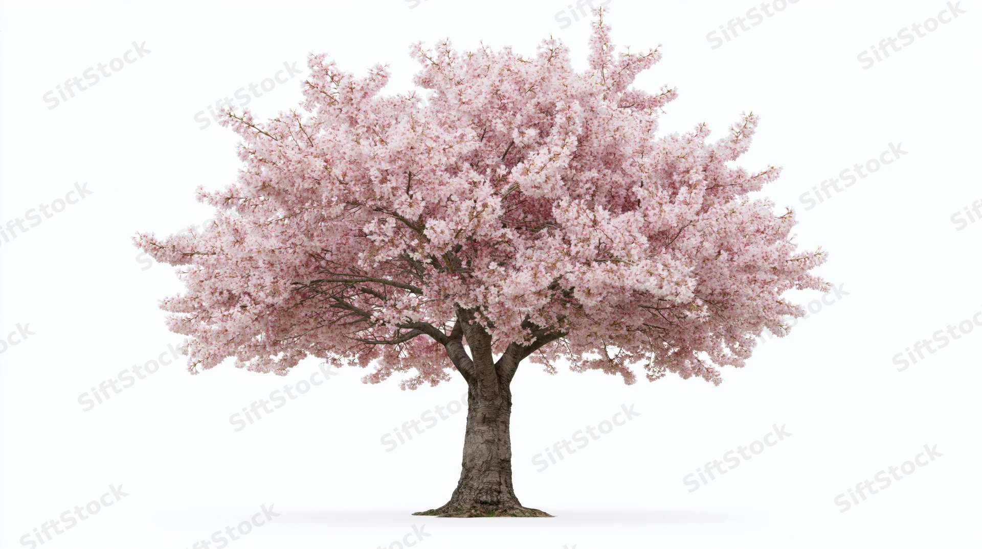 Cherry blossom tree in full bloom isolated on white background