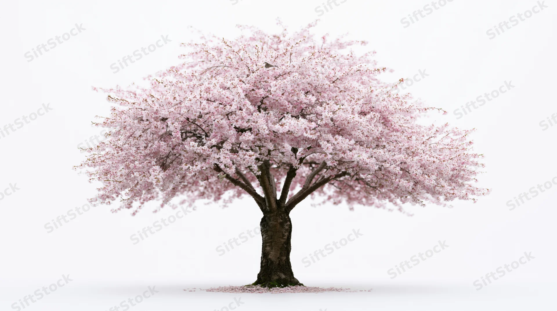 Cherry blossom tree in full bloom isolated on white background