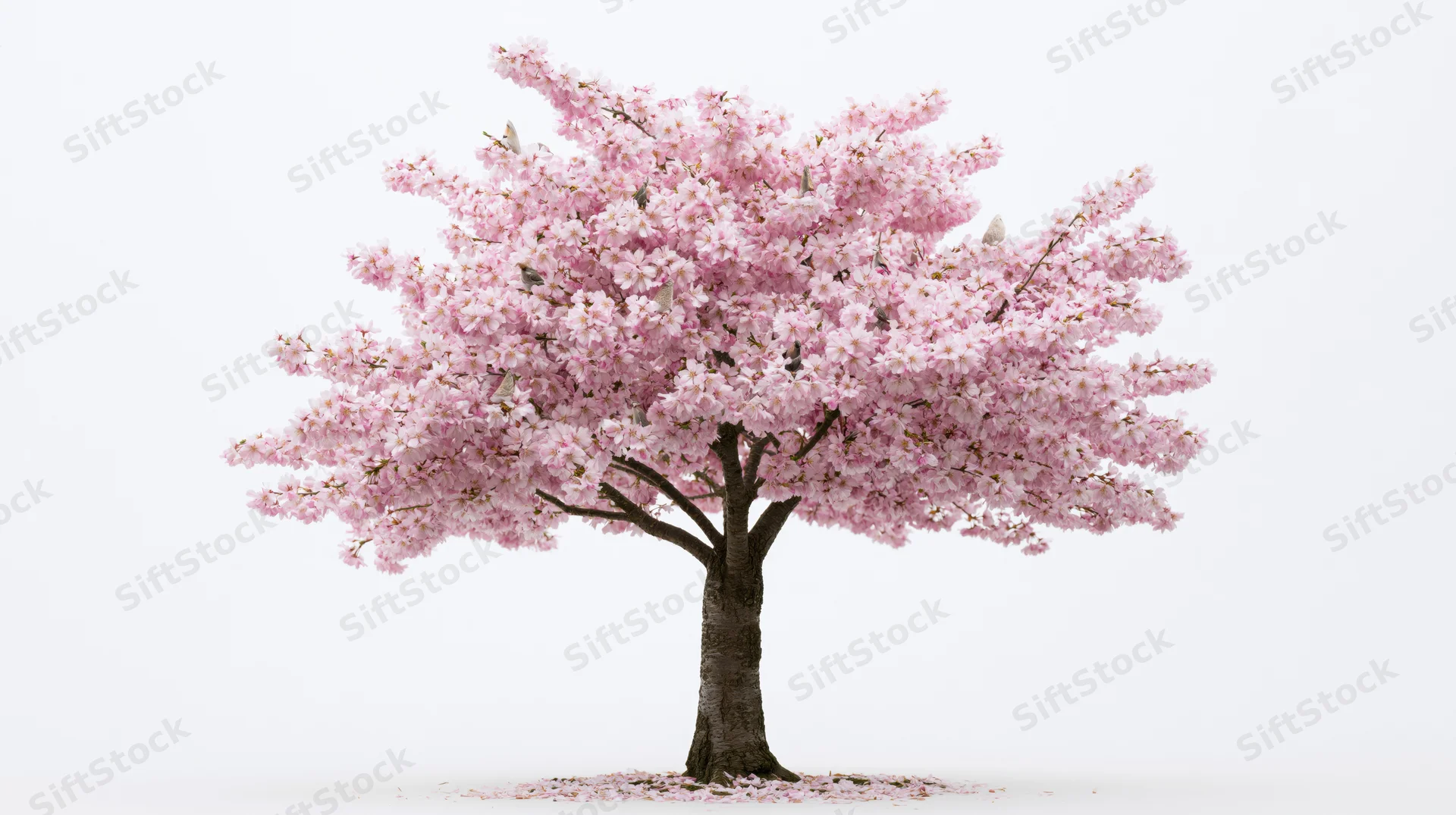 Cherry blossom tree in full bloom against a white background