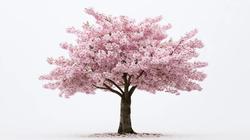 Cherry blossom tree in full bloom against a white background