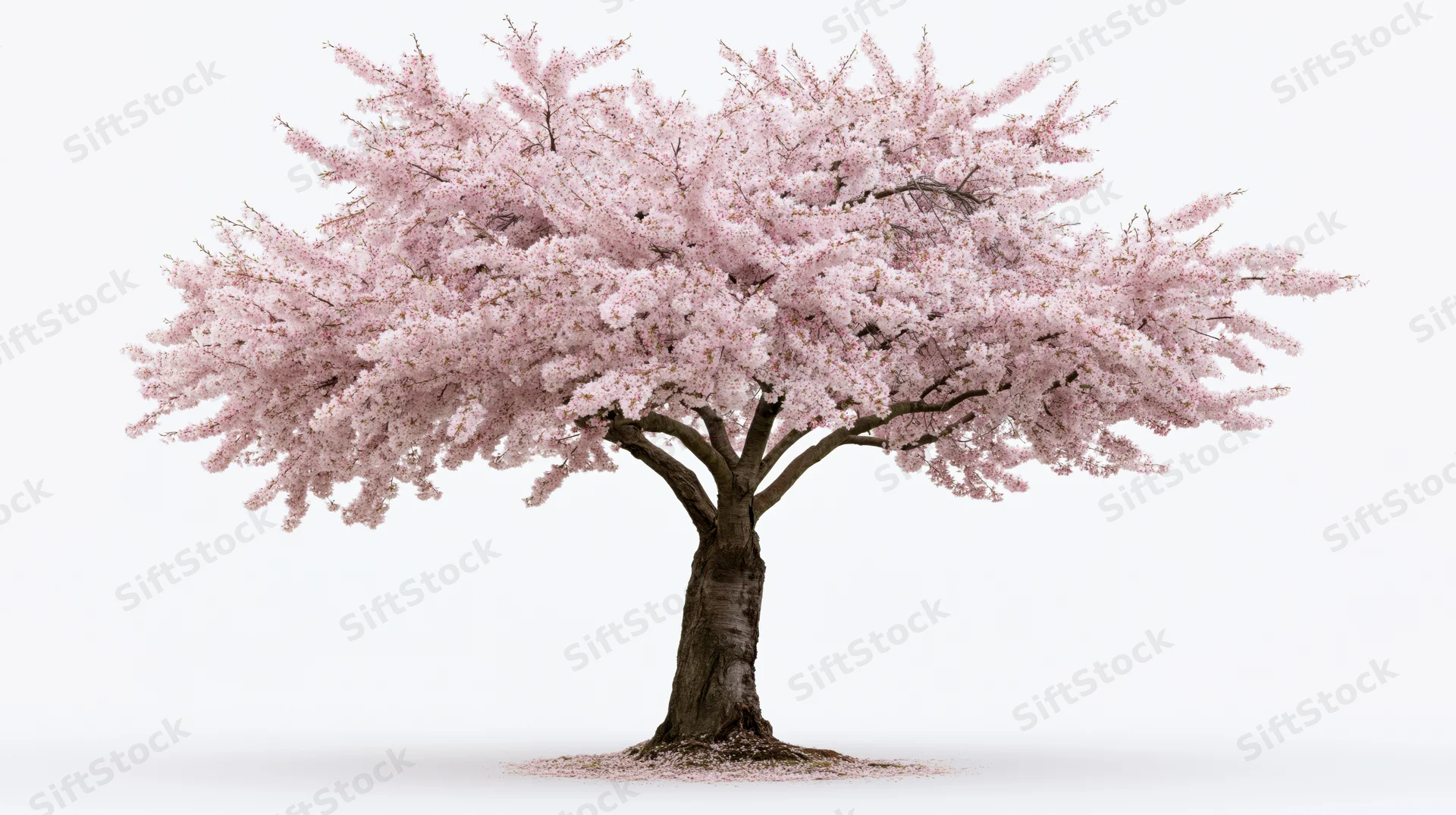 Cherry blossom tree in full bloom isolated on white background