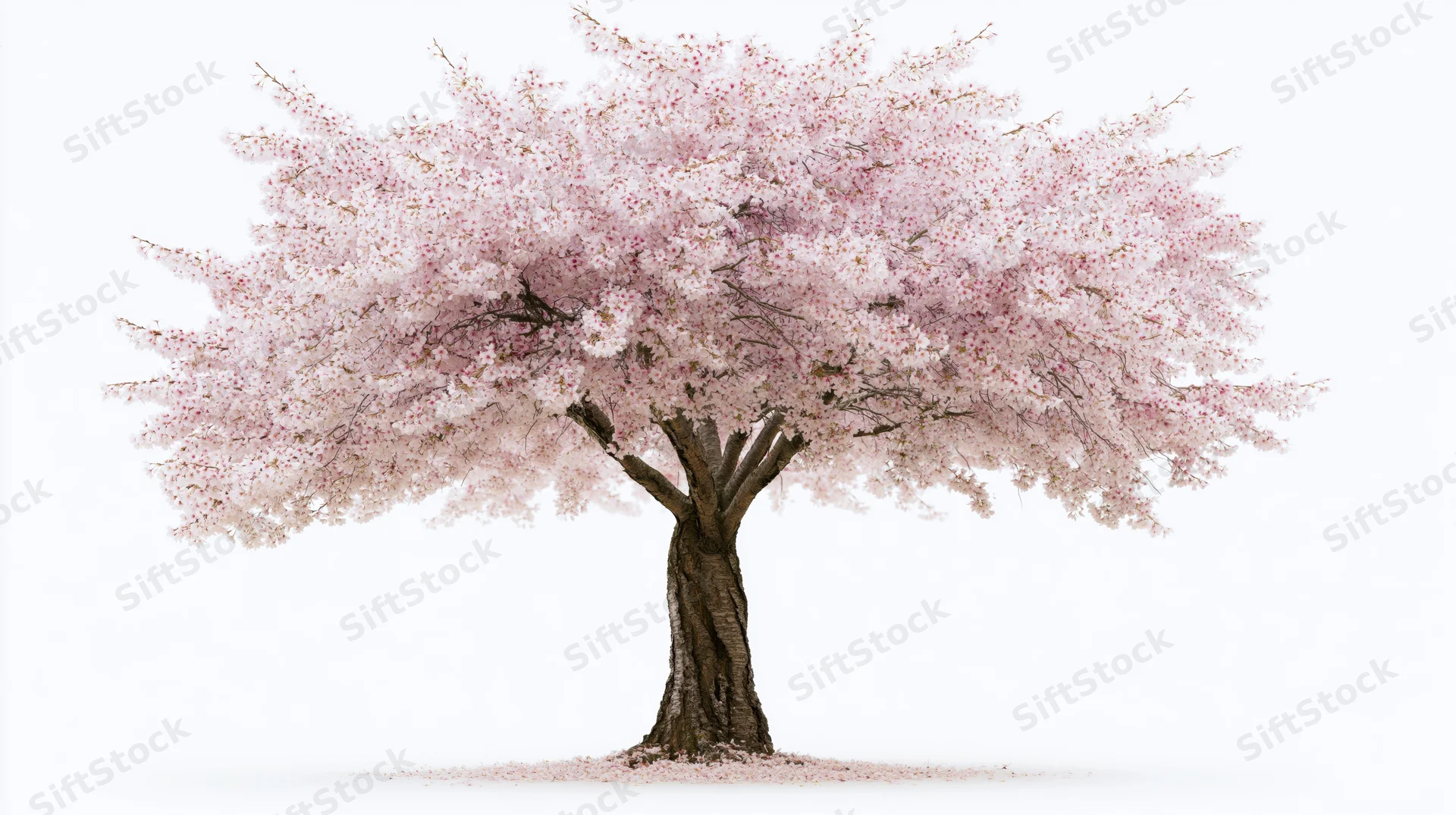 Cherry blossom tree in full bloom isolated on white background
