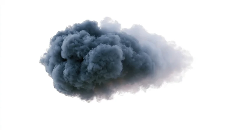 Dark smoke plume floating isolated against white background