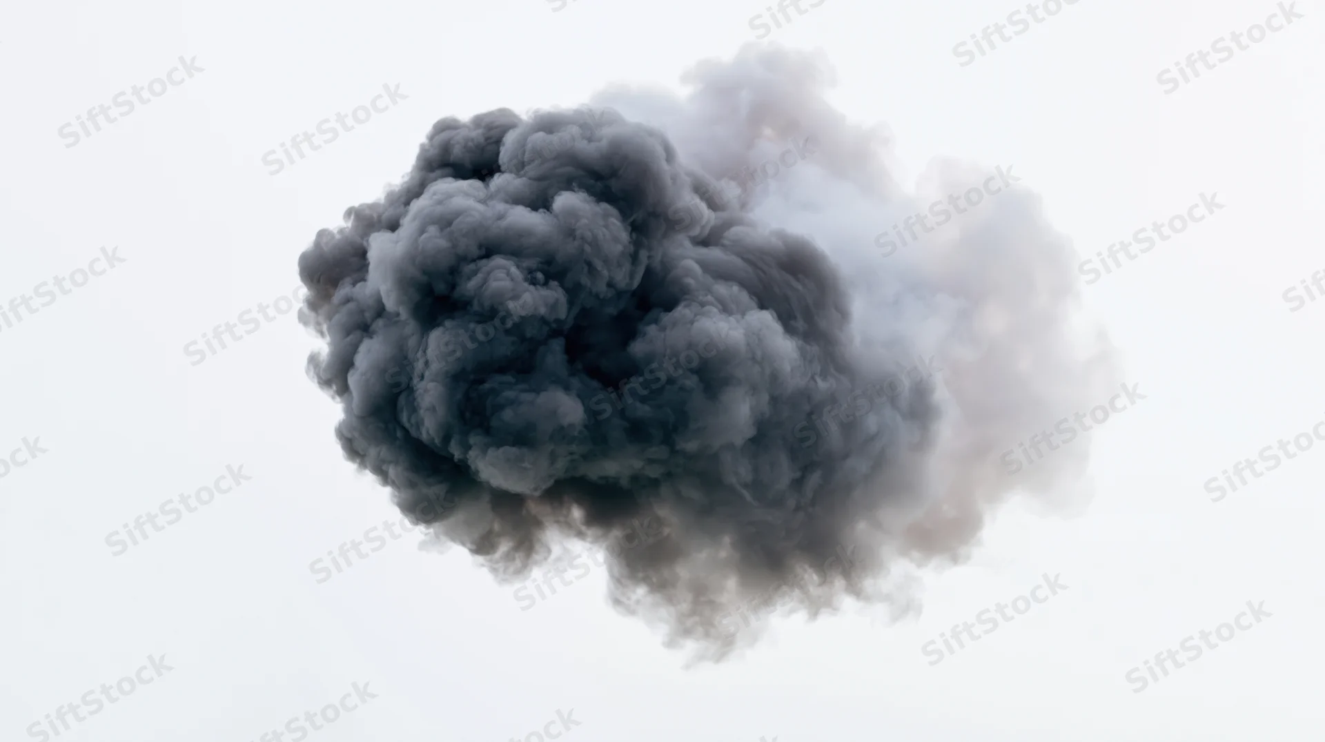 Dark smoke plume floating in the sky against a white background