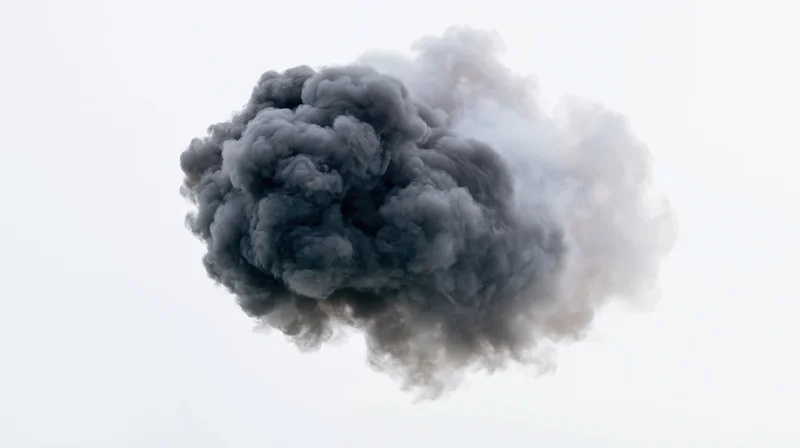 Dark smoke plume floating in the sky against a white background