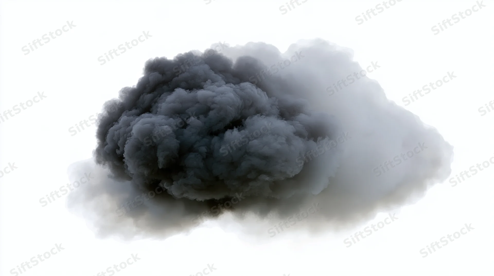 Dark smoke plume floating isolated against white background