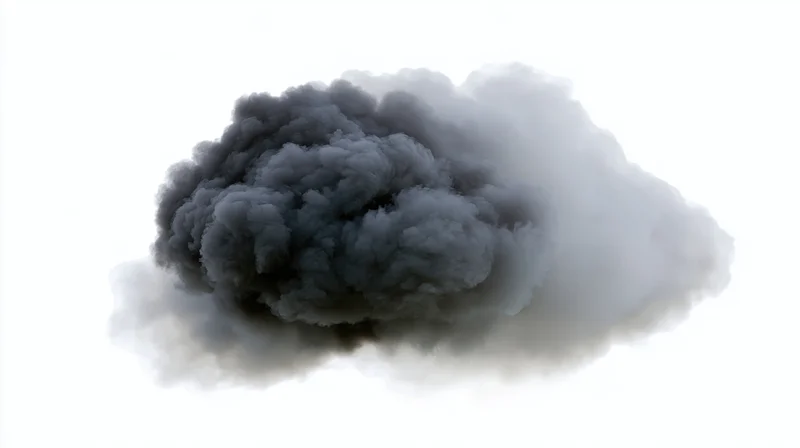 Dark smoke plume floating isolated against white background