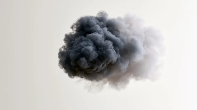 Dark smoke plume merging with white vapor against plain background