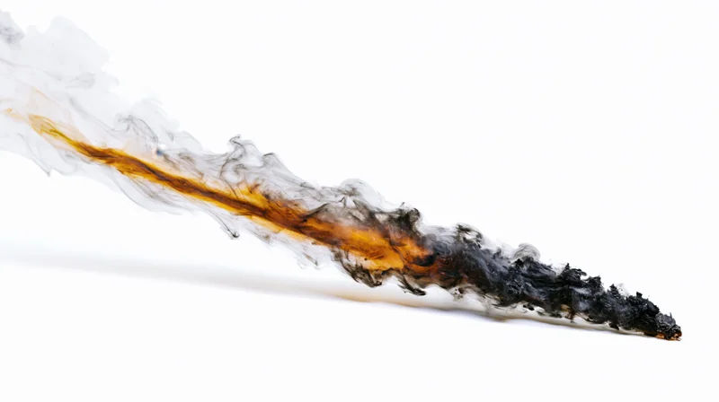 A horizontal plume of smoke and ember-orange flame rising from a burning incense stick against a white background