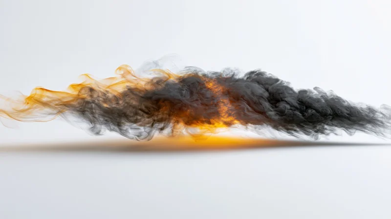 Horizontal plume of black smoke and orange flame against white background