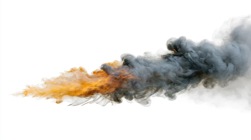 Horizontal plume of orange flame and gray smoke drifting across white background