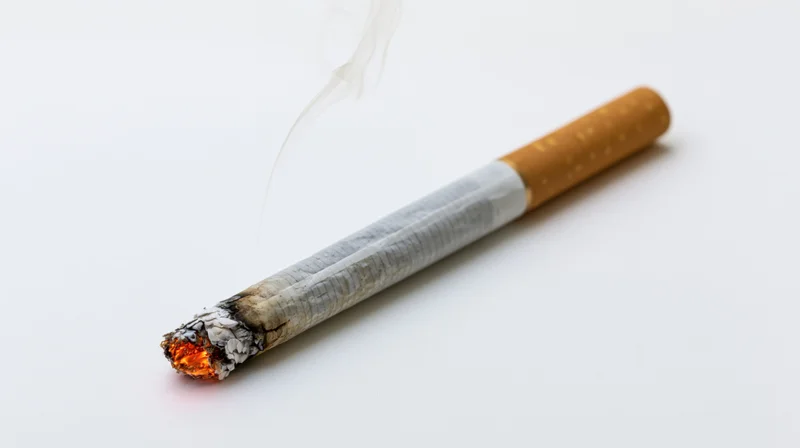 Lit cigarette burning with smoke rising on white background