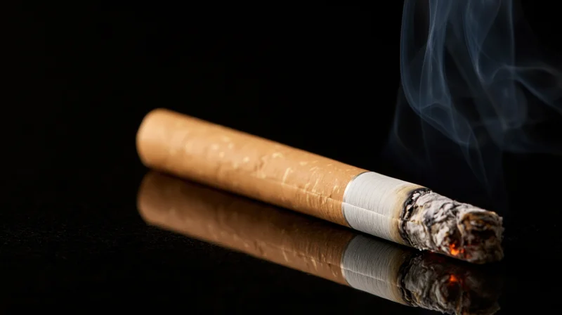 Lit cigarette burning on a glossy black surface with smoke rising and reflection visible