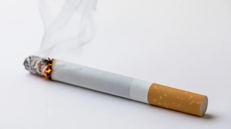 Lit cigarette burning with smoke rising on white background
