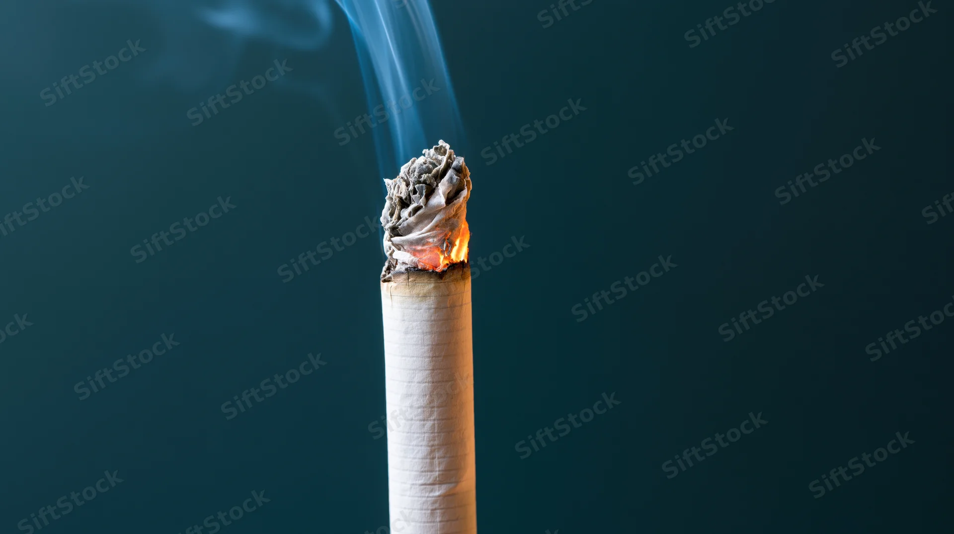 Lit cigarette burning upright with glowing ember and rising smoke against dark background