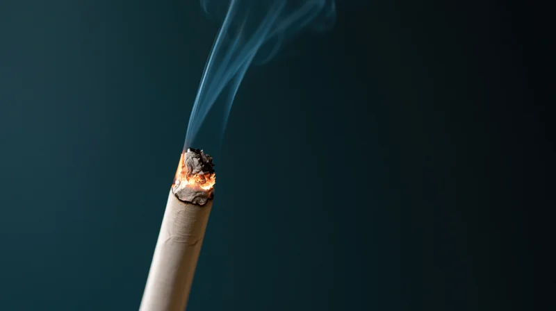 Lit cigarette with glowing ember and rising smoke against dark background
