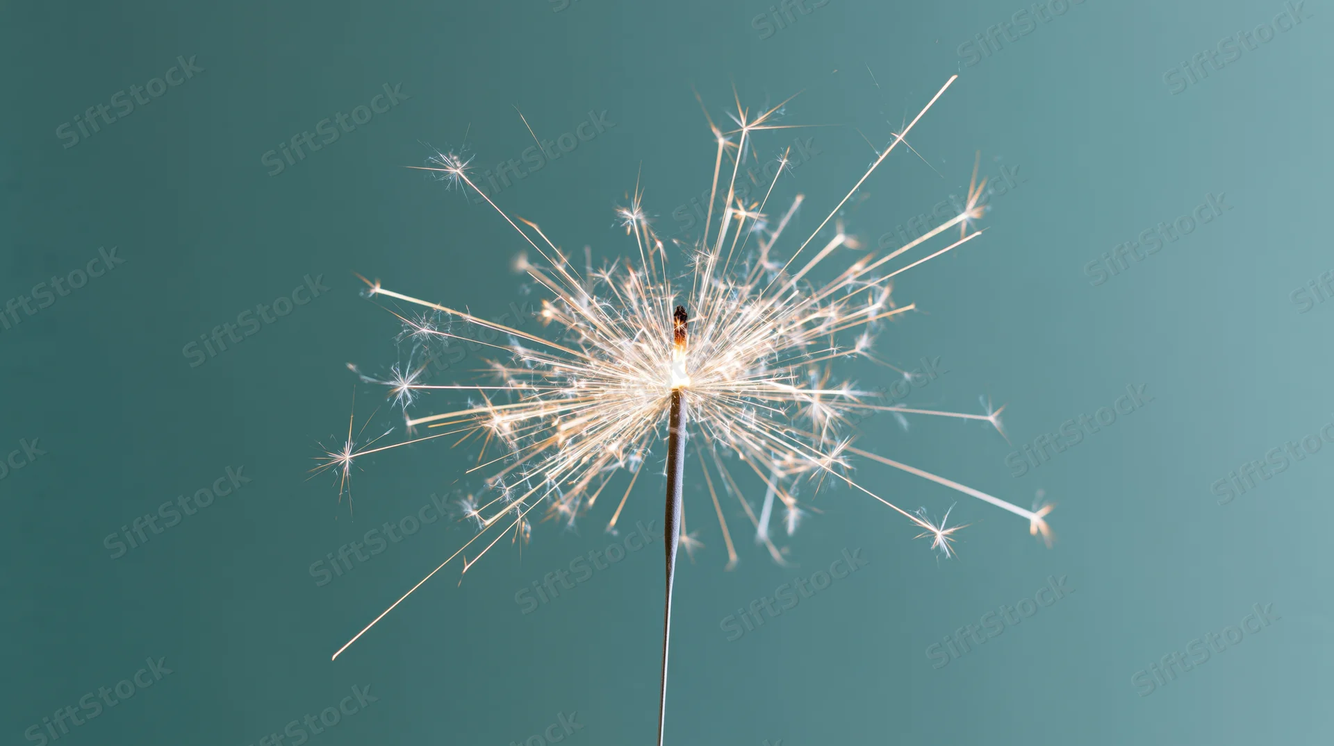 Lit sparkler radiating white sparks against teal background